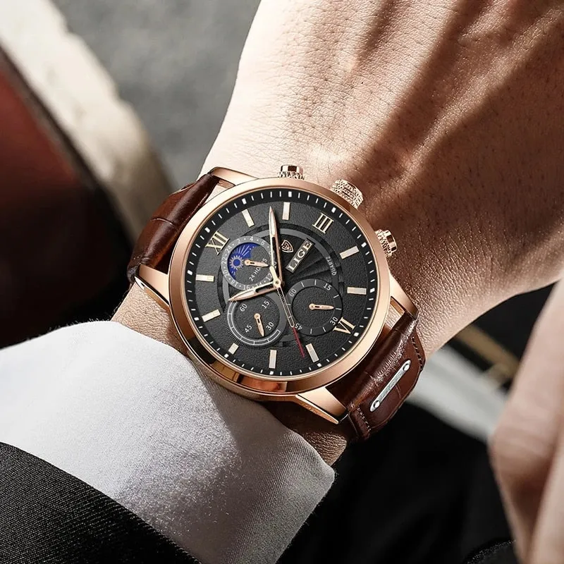 -Lige Genuine Leather Waterproof Tourbillon Mechanical Watch For Men