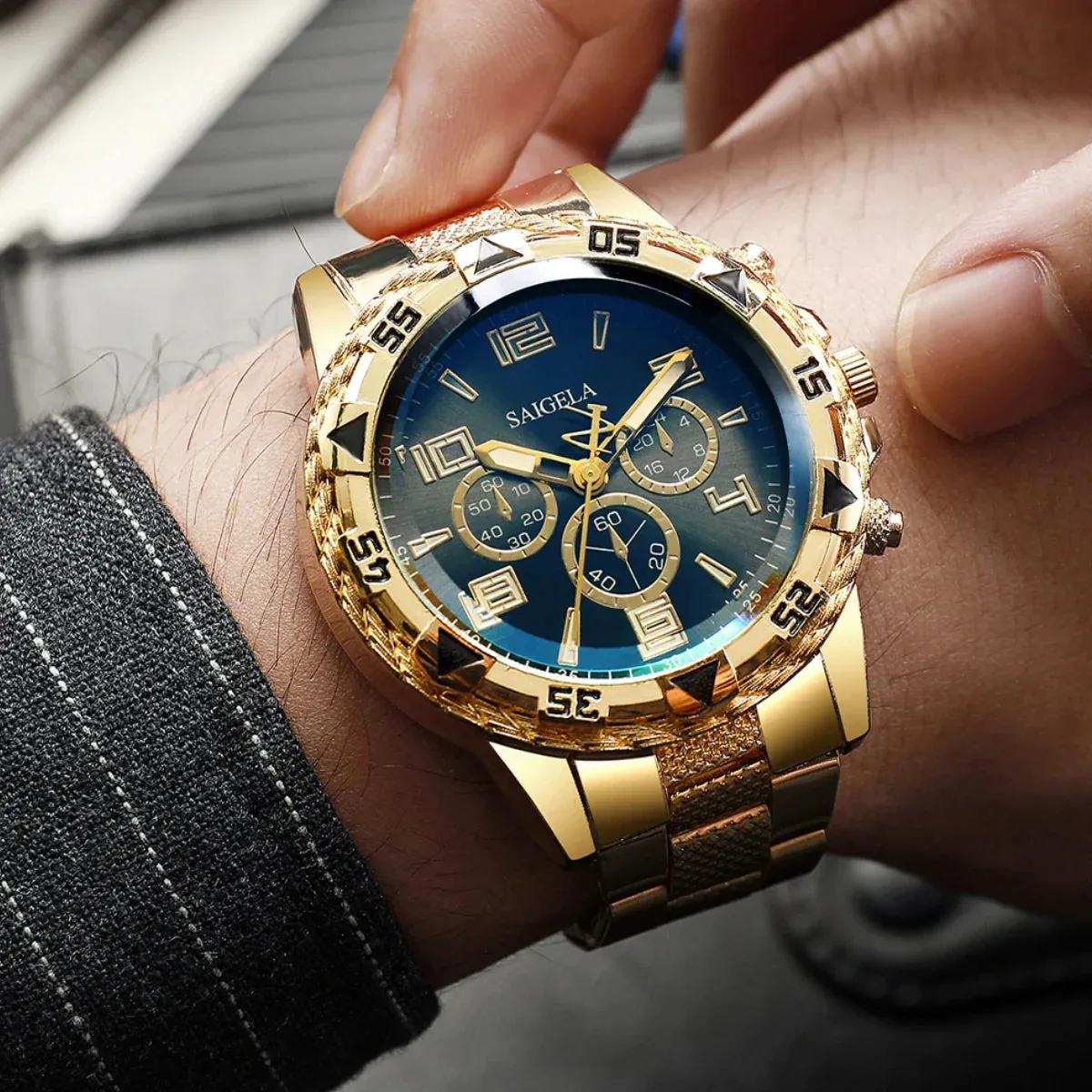 2 Piece Mens Business Watch Set Arabic Dial Steel Band