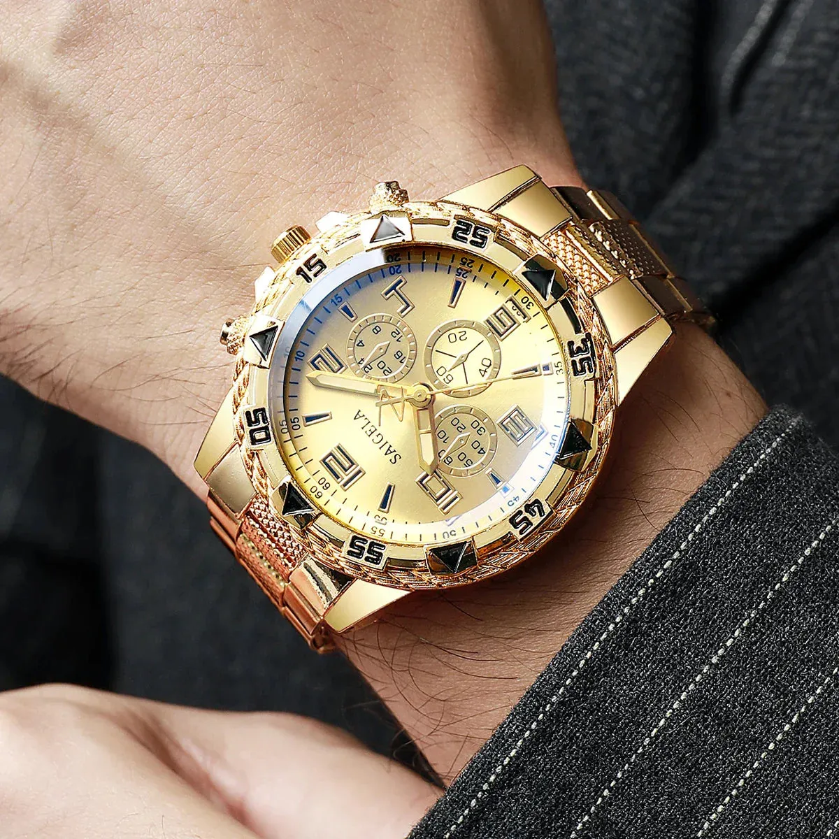 2 Piece Mens Business Watch Set Arabic Dial Steel Band