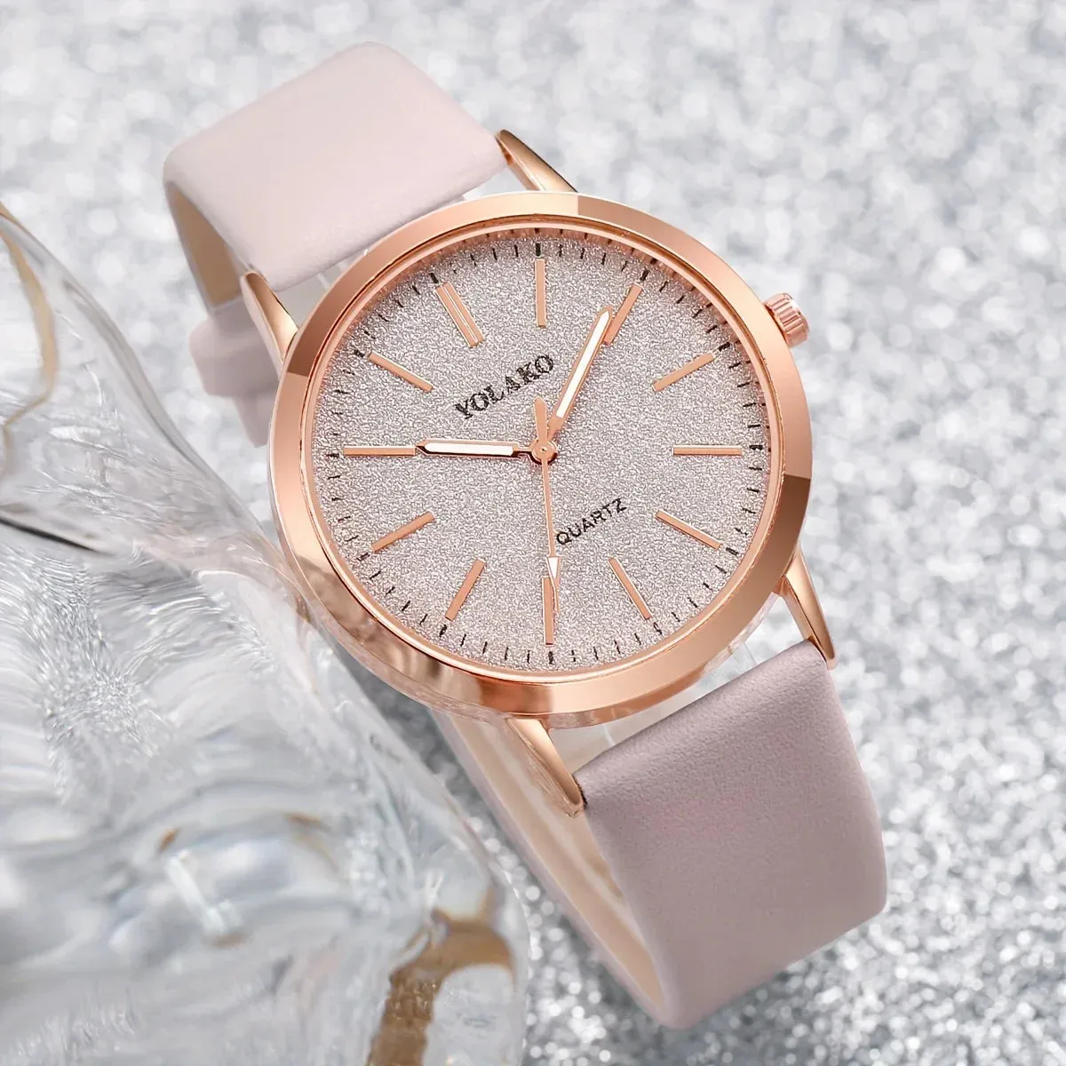 2 Piece Shiny PU Leather Quartz Watch Set Rose Flower Bracelet