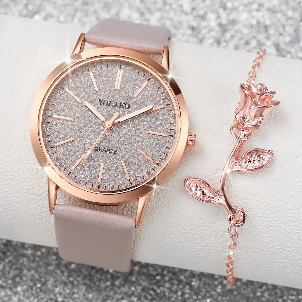 2 Piece Shiny PU Leather Quartz Watch Set Rose Flower Bracelet