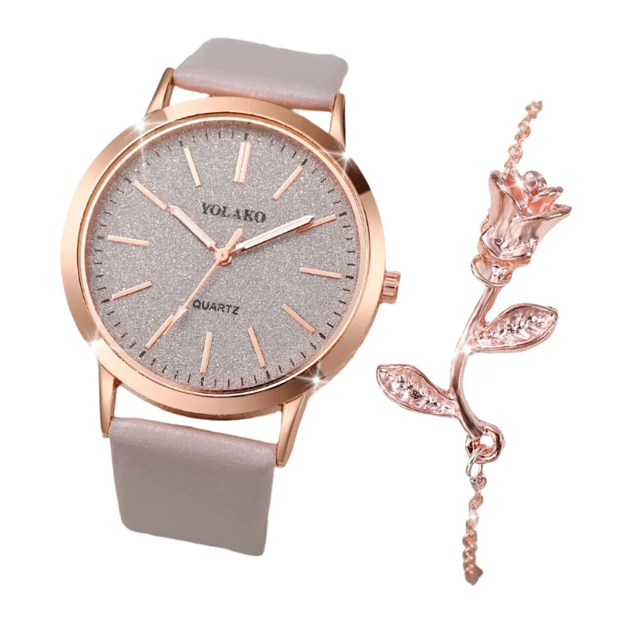 2 Piece Shiny PU Leather Quartz Watch Set Rose Flower Bracelet