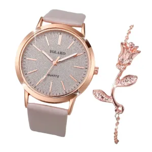 2 Piece Shiny PU Leather Quartz Watch Set Rose Flower Bracelet