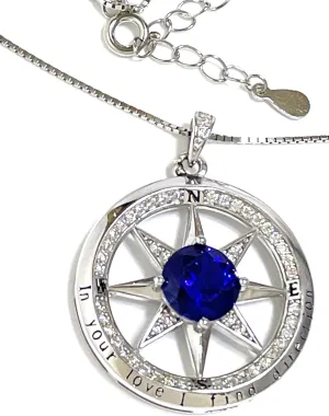 3.5ct Designer Certified Something Blue Sapphire Diamond Compass Pendant Necklace for women 18kt White Gold Sterling Silver HANDMADE Jewelry Diamond and Blue Sapphire Bridal gift for bride Engagement