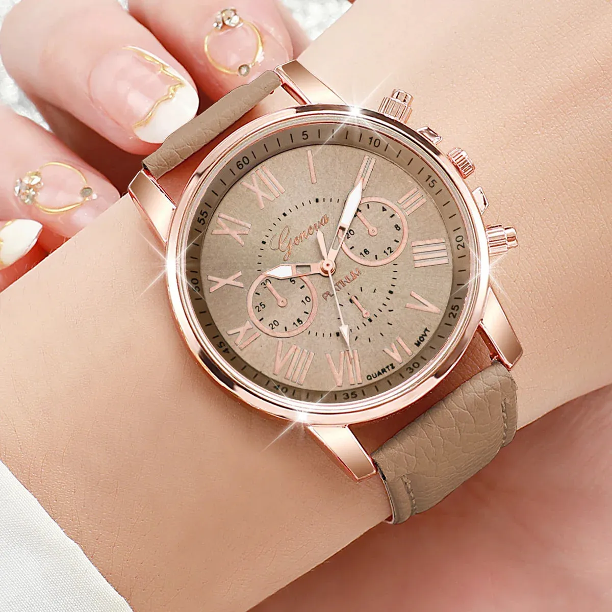 6 Piece Casual Leather Band Analog Watch Set - Without Box