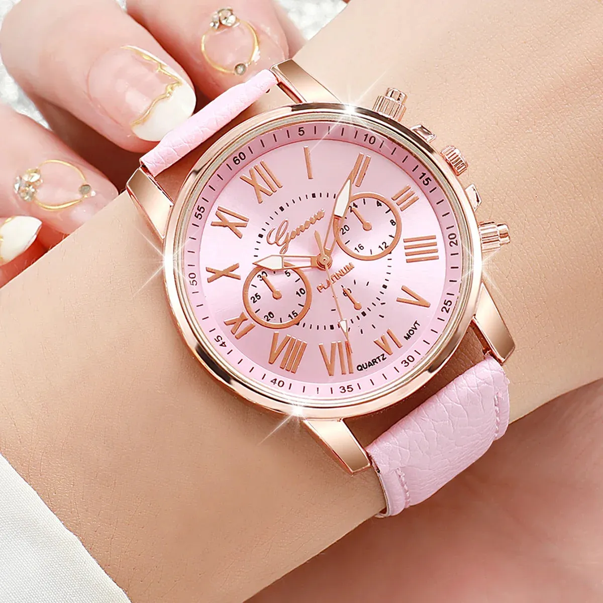 6 Piece Casual Leather Band Analog Watch Set - Without Box
