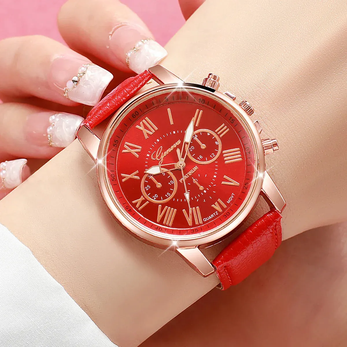 6 Piece Casual Leather Band Analog Watch Set - Without Box