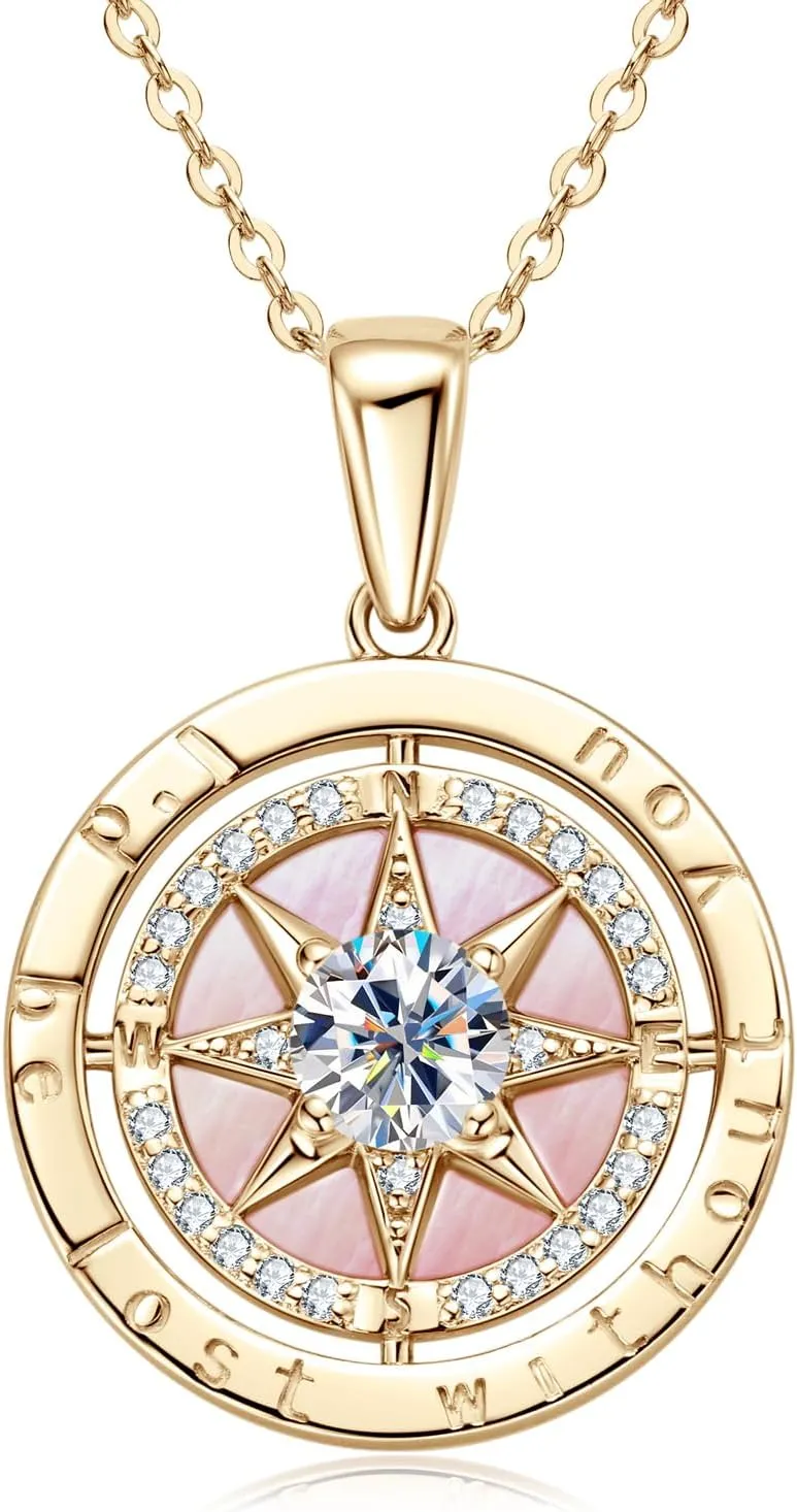 925 Sterling Silver Compass Necklace for Women with Cubic Zirconia 18K White gold-plated Pendant Jewelry Unisex Senior High School College Masters Degree Graduation Birthday Christmas Ideas Gift