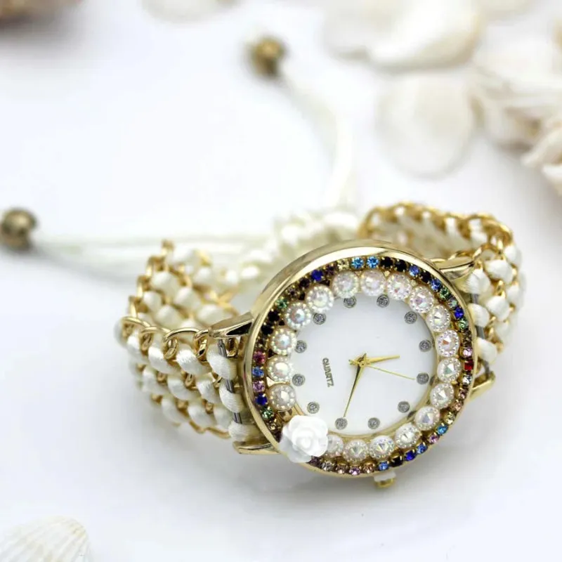 Adjustable Handmade Colorful Rhinestone Flower Dial Quartz Watches