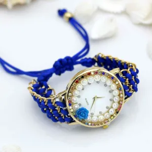 Adjustable Handmade Colorful Rhinestone Flower Dial Quartz Watches