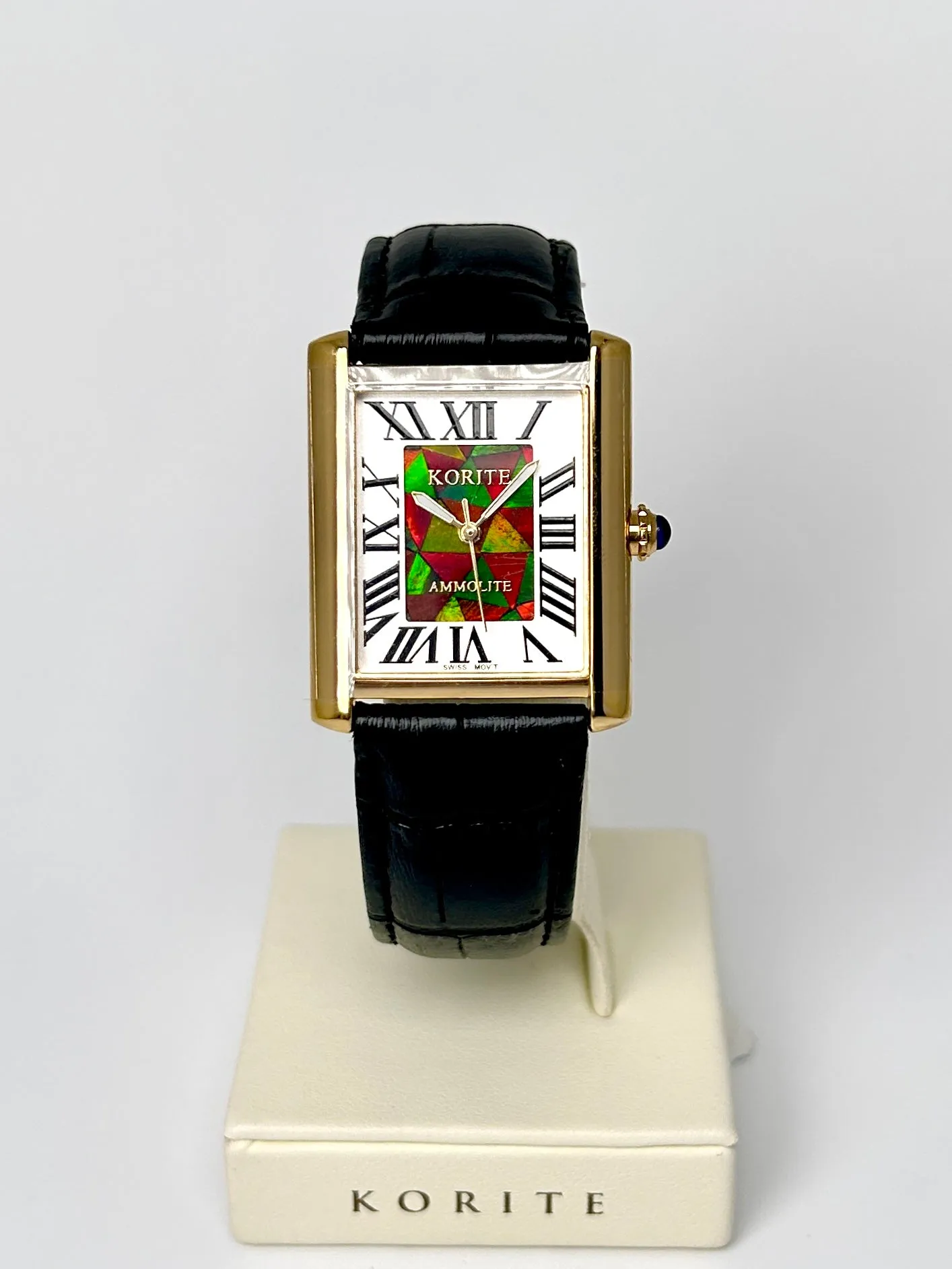 Ammolite Watch- Small- Roman Mosaic Rectangle Watch-Black Leather Strap (Korite)