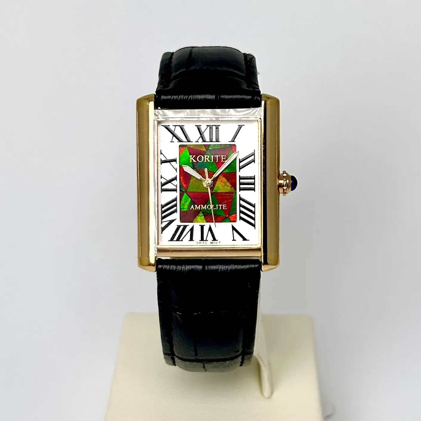 Ammolite Watch- Small- Roman Mosaic Rectangle Watch-Black Leather Strap (Korite)