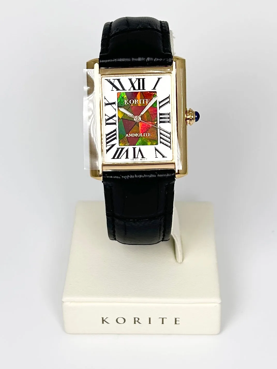 Ammolite Watch- Small- Roman Mosaic Rectangle Watch-Black Leather Strap (Korite)