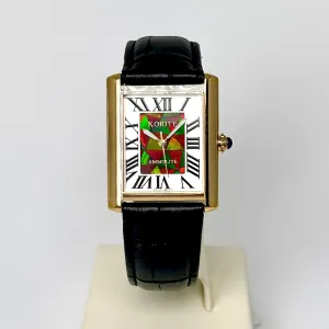 Ammolite Watch- Small- Roman Mosaic Rectangle Watch-Black Leather Strap (Korite)