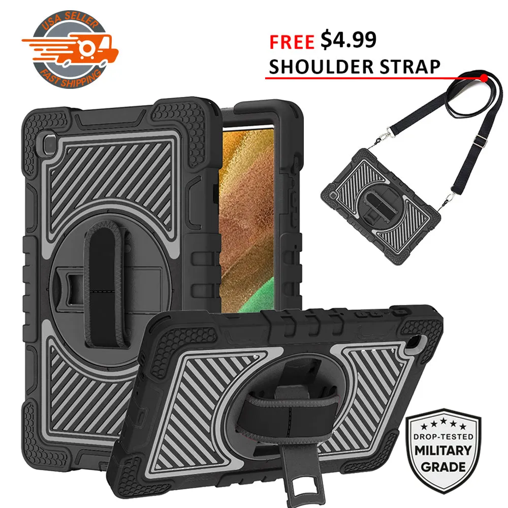 AMZER TUFFEN Multilayer Case with 360 Degree Rotating Kickstand with Shoulder Strap, Hand Grip for Samsung Galaxy Tab A7 Lite T220 / T225 (8.7 inch)