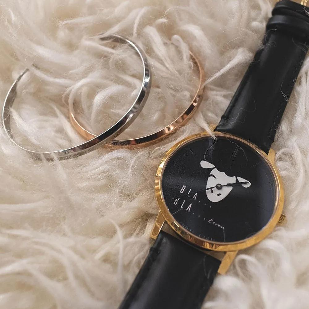 ARIES GOLD CUSTOMISED GOLD STAINLESS STEEL WATCH - BLA BLA BLACK UNISEX LEATHER STRAP WATCH