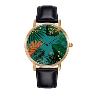 ARIES GOLD CUSTOMISED GOLD STAINLESS STEEL WATCH - GREEN FLORAL LEATHER STRAP WOMAN'S WATCH