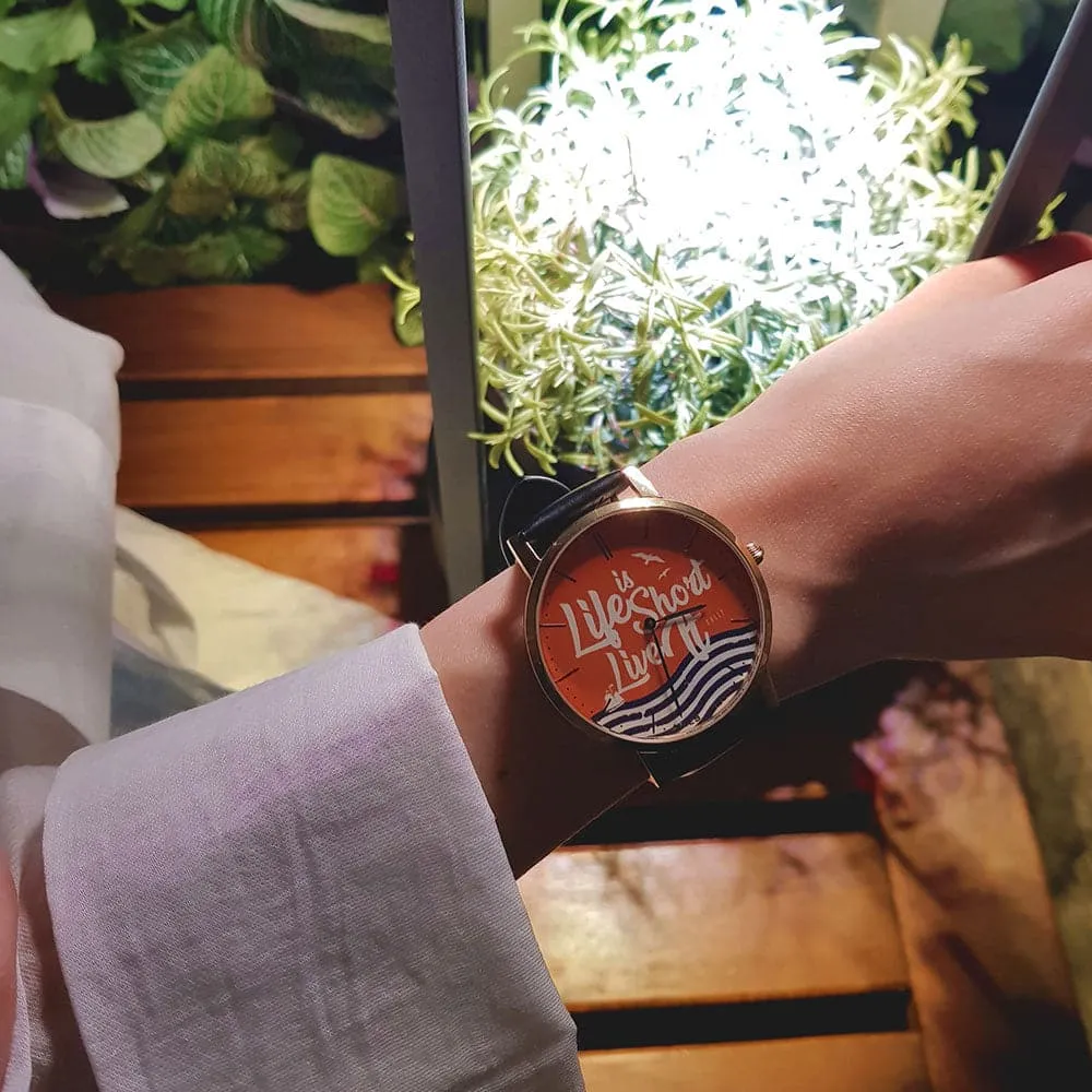 ARIES GOLD CUSTOMISED GOLD STAINLESS STEEL WATCH - LIFE IS SHORT LIVE IT ORANGE UNISEX LEATHER STRAP WATCH