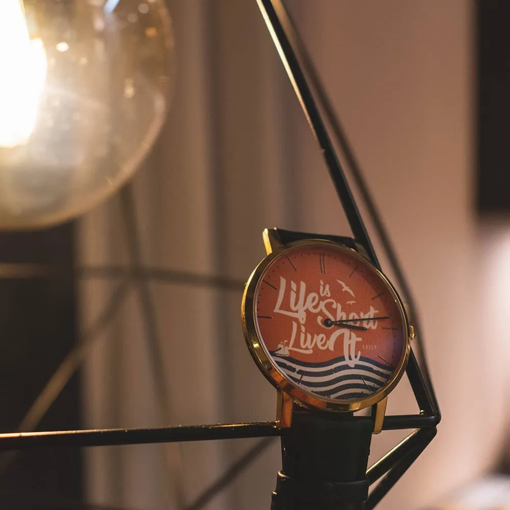 ARIES GOLD CUSTOMISED GOLD STAINLESS STEEL WATCH - LIFE IS SHORT LIVE IT ORANGE UNISEX LEATHER STRAP WATCH