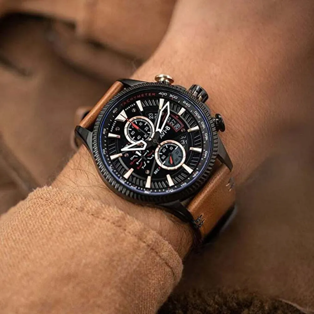 AVI-8 Men's Black Dial Brown Leather Band Chronograph Watch - AV-4064-06