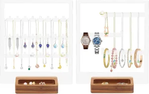 BEAHOT 2 Pack Acrylic Jewelry Organizer with Wooden Tray Necklace Earring Bracelet Jewelry Holder Studs Rings Jewelry Towers for Women and Girls