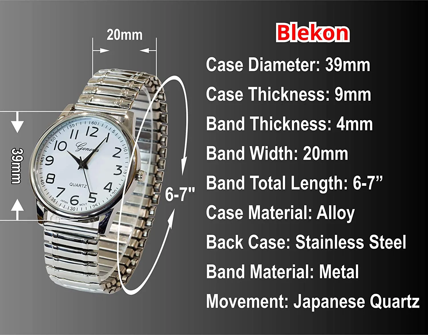 Blekon Collections Unisex Large Face Easy to Read 40mm Case Japanese Quartz Movement Stretch Band Watch