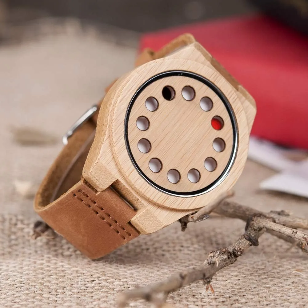 BOBO BIRD Men's Bamboo Wooden Watch with Black Cowhide Leather Strap 12 Holes Timer Design Sports Casual Watches