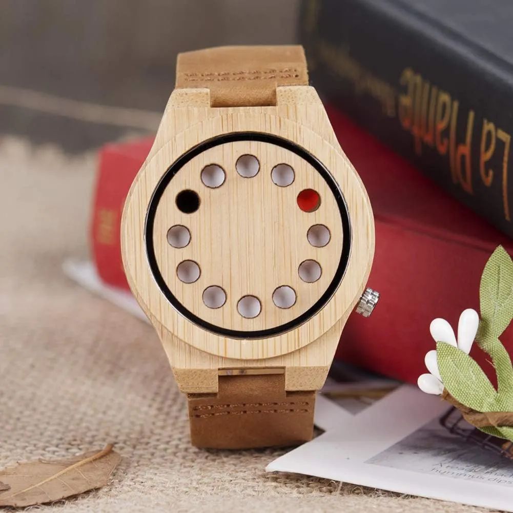 BOBO BIRD Men's Bamboo Wooden Watch with Black Cowhide Leather Strap 12 Holes Timer Design Sports Casual Watches