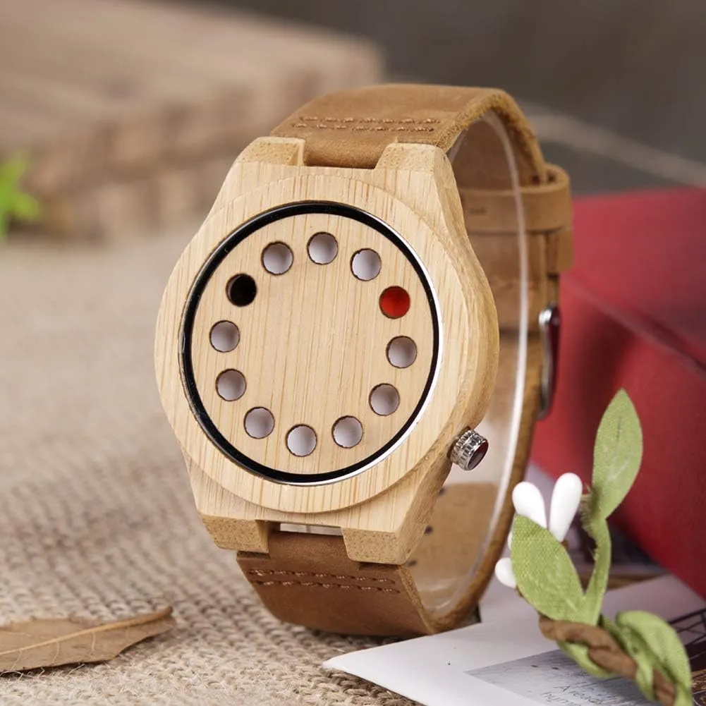 BOBO BIRD Men's Bamboo Wooden Watch with Black Cowhide Leather Strap 12 Holes Timer Design Sports Casual Watches