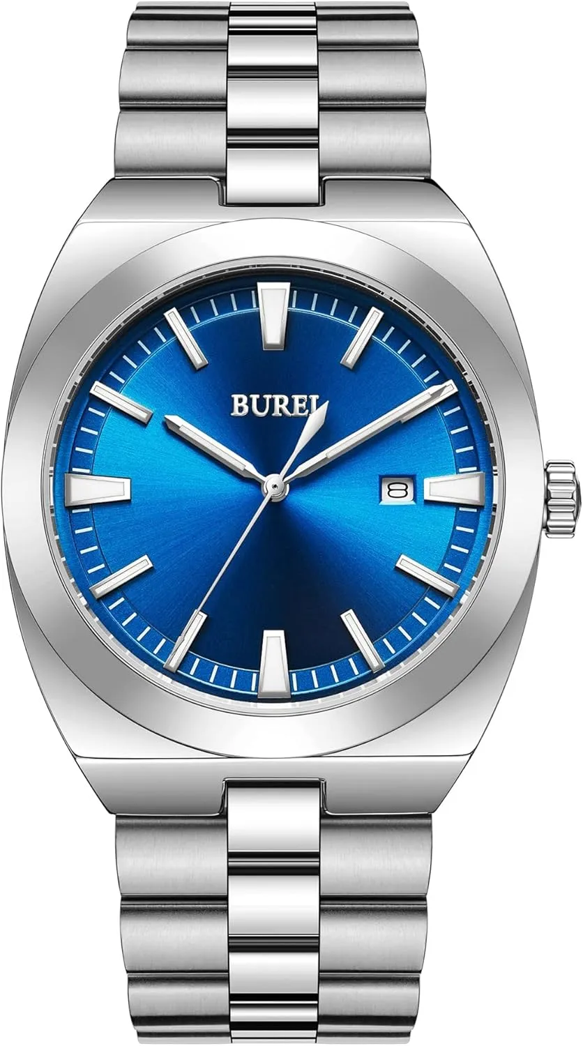 BUREI Men's Wrist Watches, Analog Stainless Steel Quartz Waterproof Watches for Men,Gifts for Men