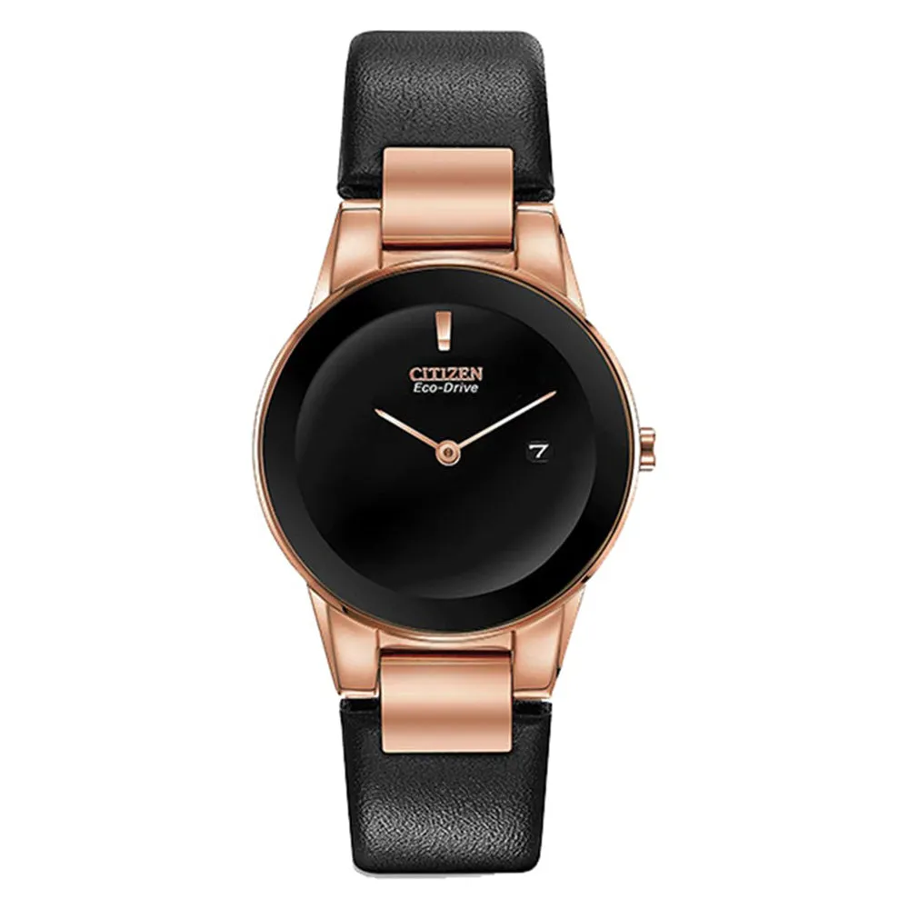 Citizen Womens Eco-drive Axiom  White Black Rose Gold Dial Band Leather Strap Watch - GA1058-16E