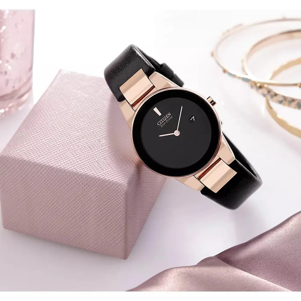 Citizen Womens Eco-drive Axiom  White Black Rose Gold Dial Band Leather Strap Watch - GA1058-16E
