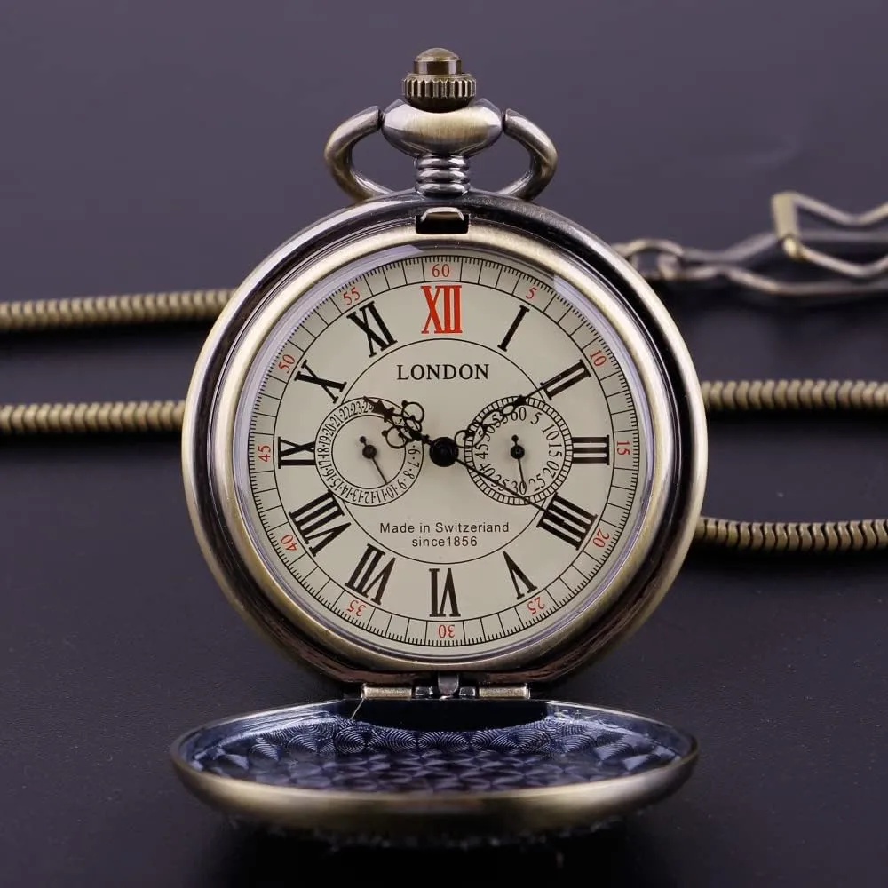 Classic Copper Design Hand Winding Mechanical Roman Number Steampunk Pocket Watch Mens Watches with Chain&Box