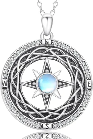Compass Necklace 925 Sterling Silver Opal/Moonstone Celtic Compass Necklace 2024 Graduation Gifts for Her Graduation Talisman Travel Necklace Inspirational Graduation Gift Compass Jewelry Gifts for Women Girlfriend Wife