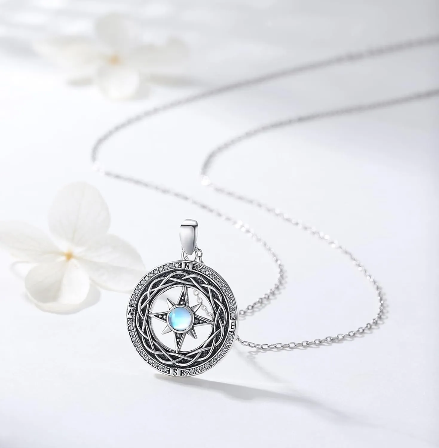 Compass Necklace 925 Sterling Silver Opal/Moonstone Celtic Compass Necklace 2024 Graduation Gifts for Her Graduation Talisman Travel Necklace Inspirational Graduation Gift Compass Jewelry Gifts for Women Girlfriend Wife