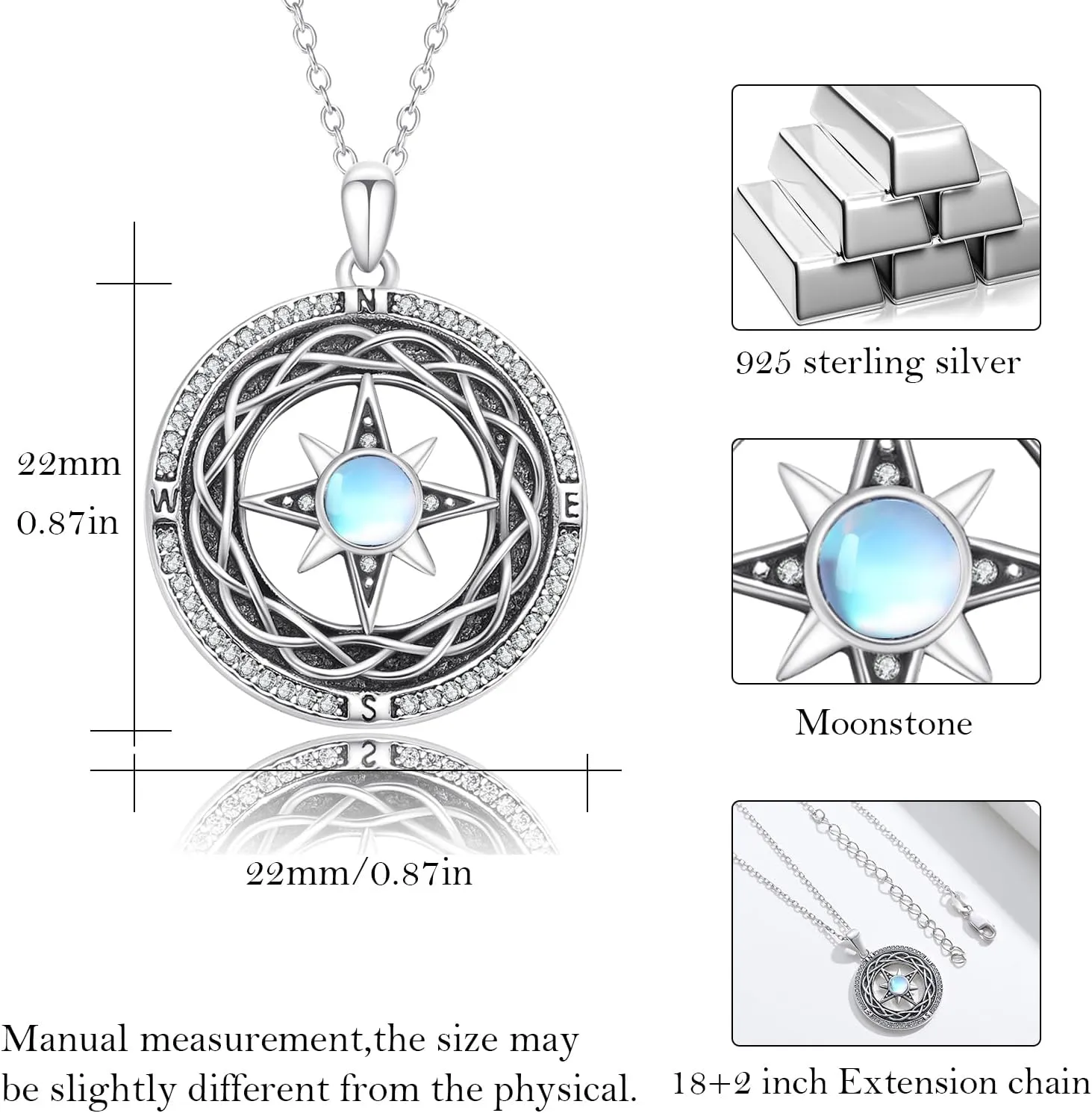 Compass Necklace 925 Sterling Silver Opal/Moonstone Celtic Compass Necklace 2024 Graduation Gifts for Her Graduation Talisman Travel Necklace Inspirational Graduation Gift Compass Jewelry Gifts for Women Girlfriend Wife