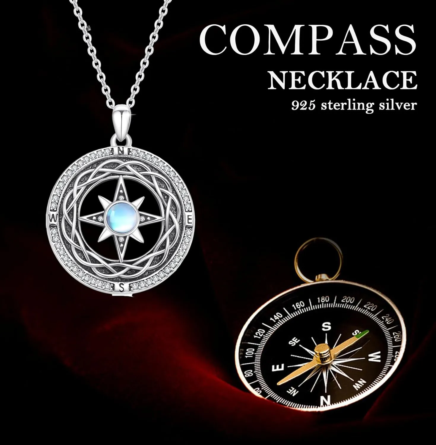 Compass Necklace 925 Sterling Silver Opal/Moonstone Celtic Compass Necklace 2024 Graduation Gifts for Her Graduation Talisman Travel Necklace Inspirational Graduation Gift Compass Jewelry Gifts for Women Girlfriend Wife