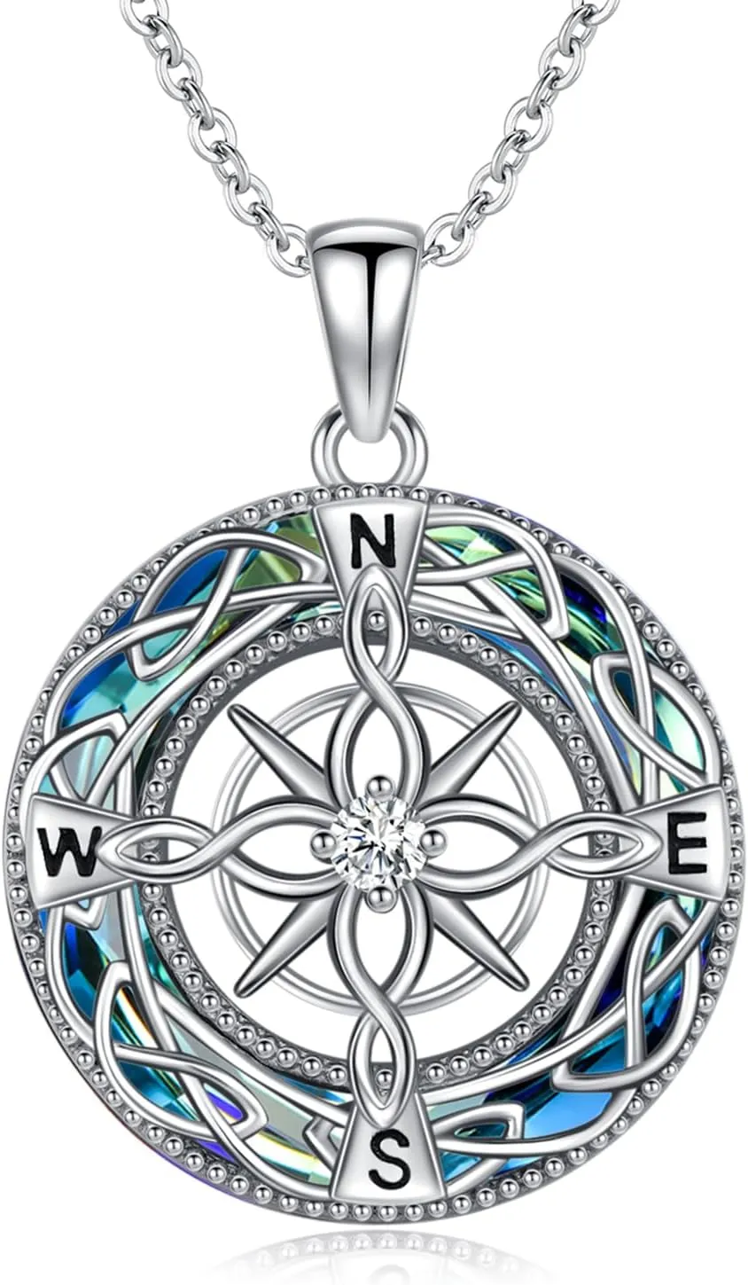 Compass Necklace for Women 925 Sterling Silver Celtic Knot Compass Pendant Necklace Graduation Travel Jewelry Gifts for Women