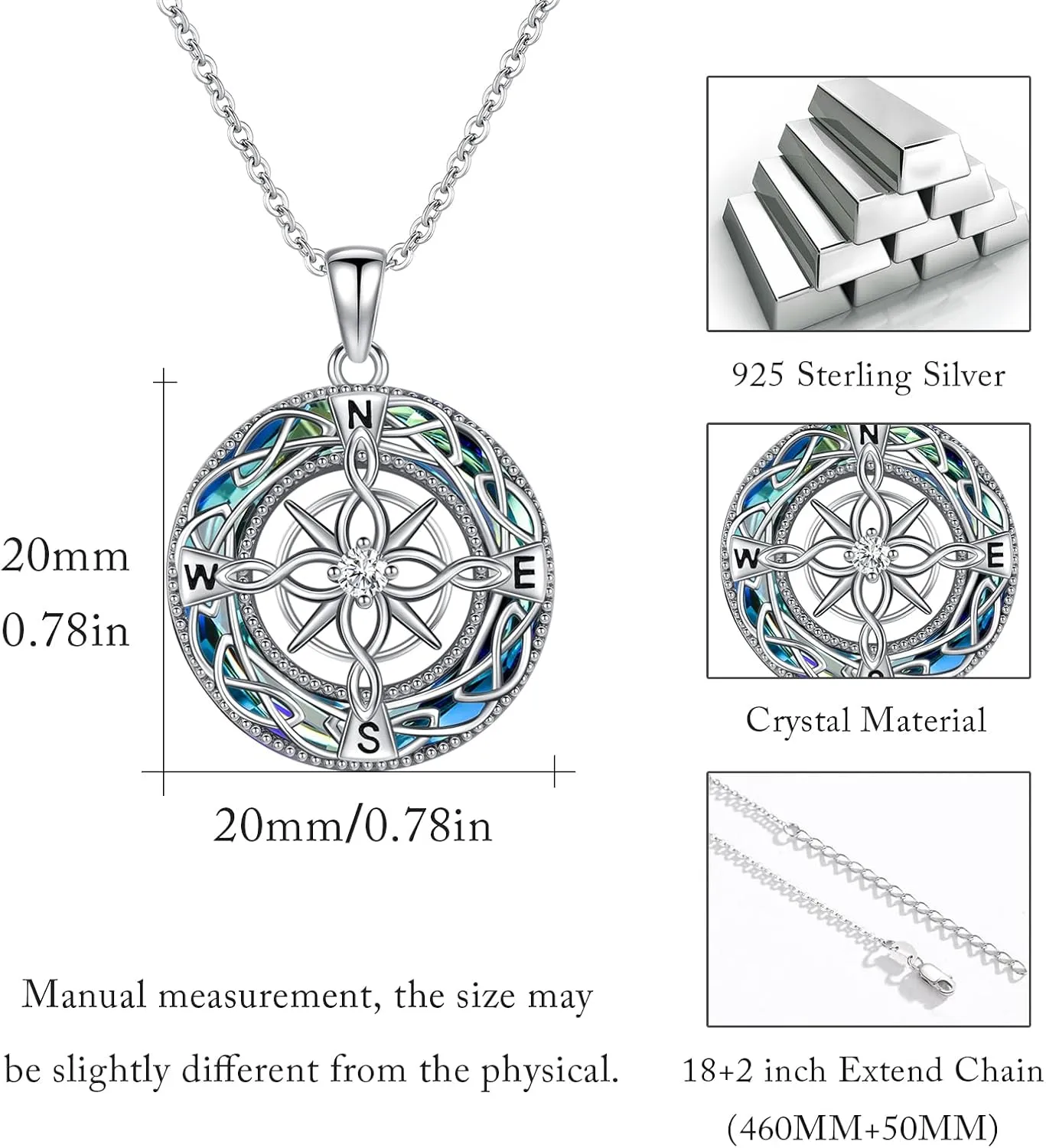 Compass Necklace for Women 925 Sterling Silver Celtic Knot Compass Pendant Necklace Graduation Travel Jewelry Gifts for Women