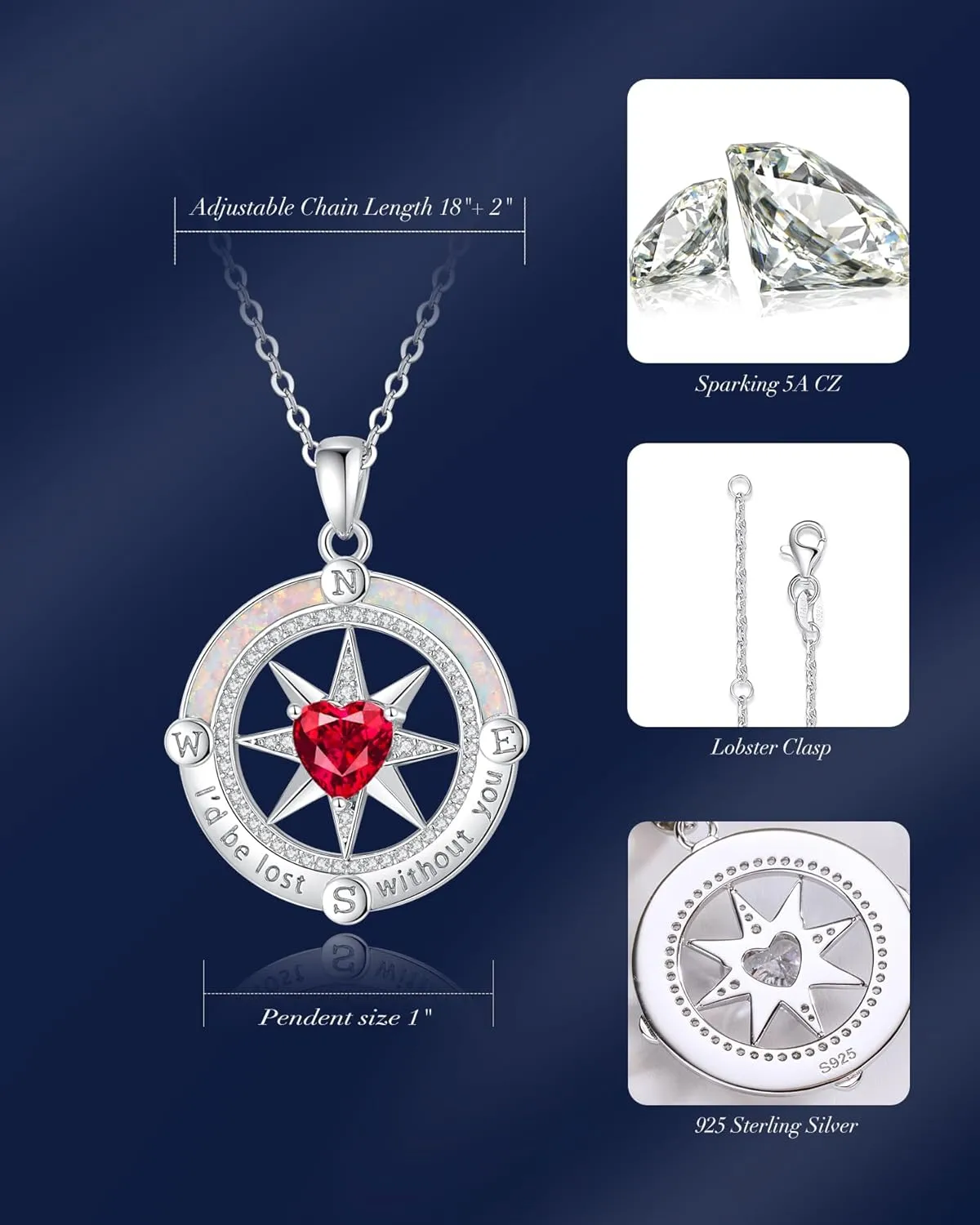 FANCIME Compass Necklace for Women Sterling Silver Compass Jewelry Opal Pendant Fine Jewelry Gemstone Birthday Mother's Day Gifts for Wife