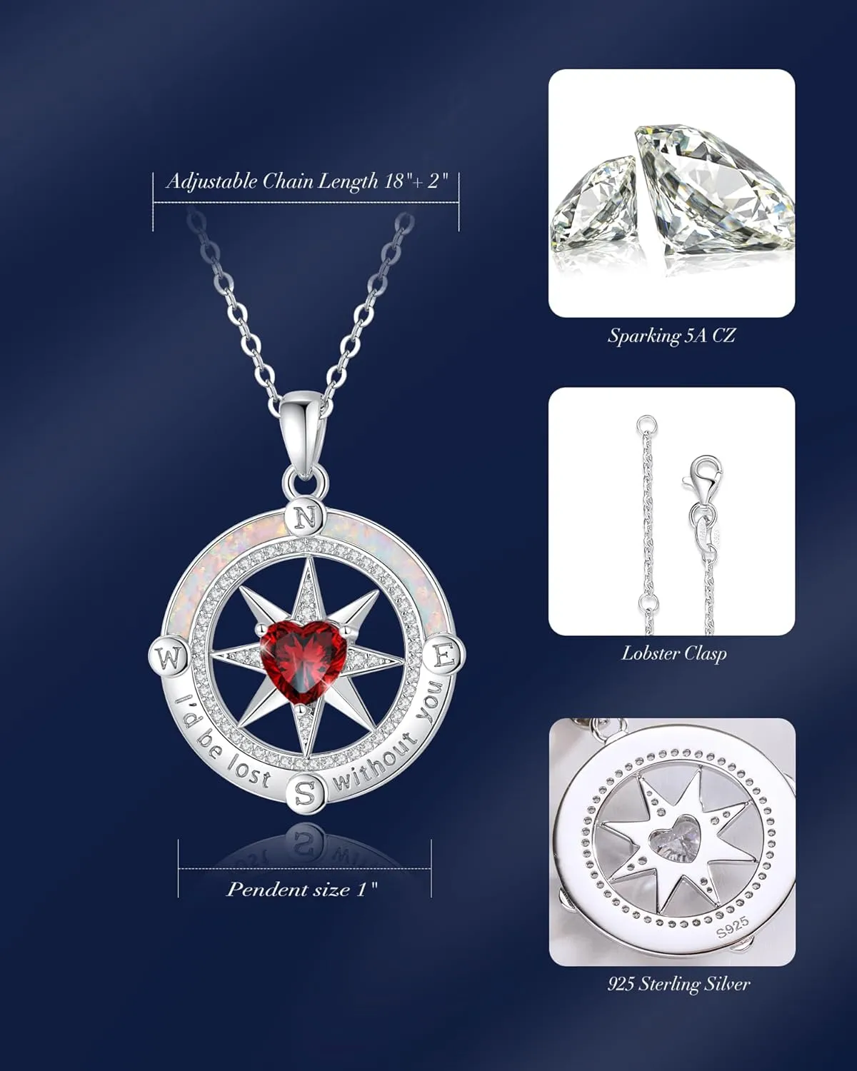 FANCIME Compass Necklace for Women Sterling Silver Compass Jewelry Opal Pendant Fine Jewelry Gemstone Birthday Mother's Day Gifts for Wife