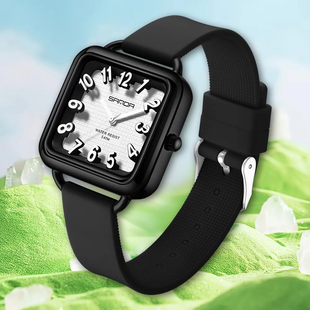 Gosasa Fashion Womens Watch Big Arabic Numbers Square Dial Easy to Read Waterproof Casual Ladies Analog Quartz Watch with Colorful Silicone Strap