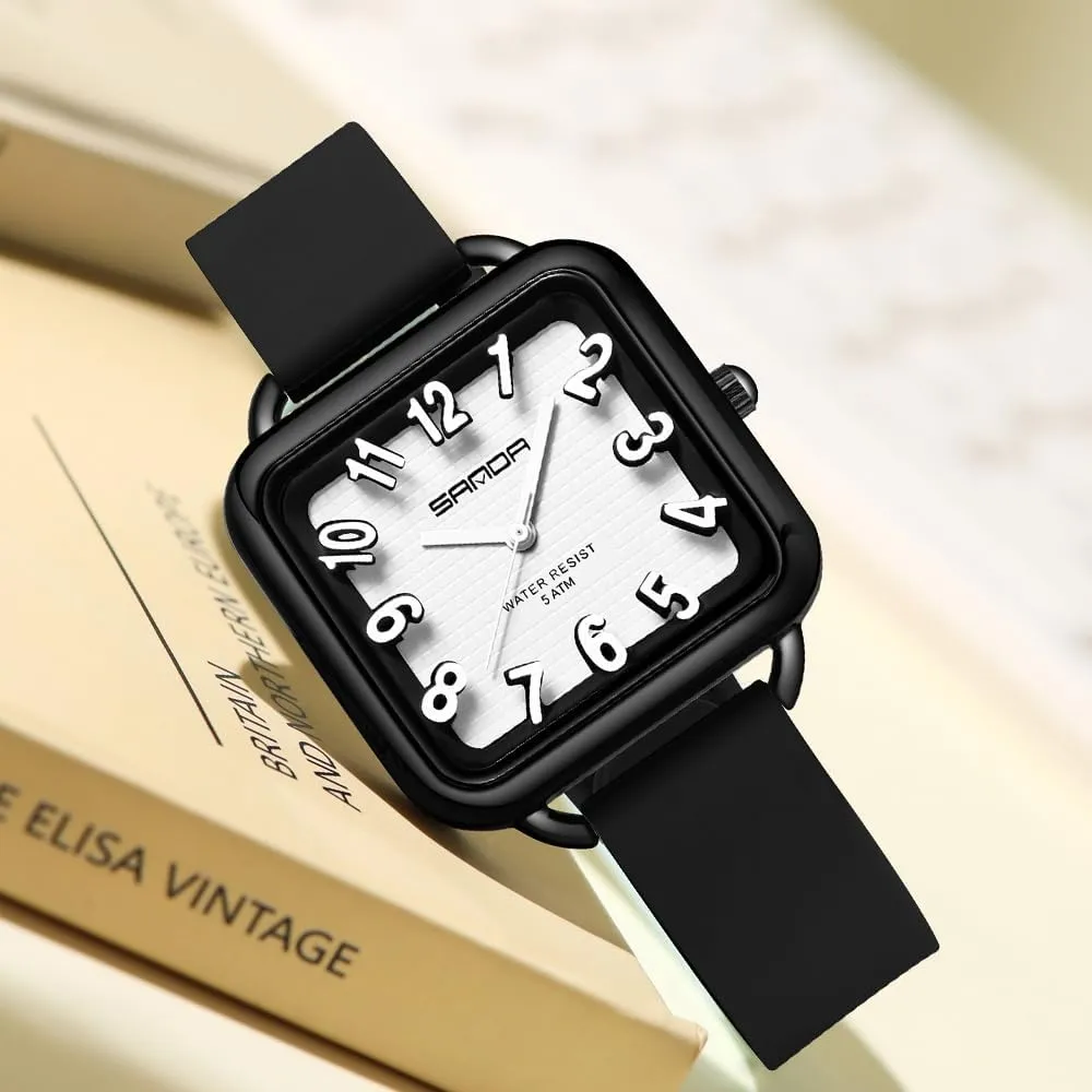 Gosasa Fashion Womens Watch Big Arabic Numbers Square Dial Easy to Read Waterproof Casual Ladies Analog Quartz Watch with Colorful Silicone Strap
