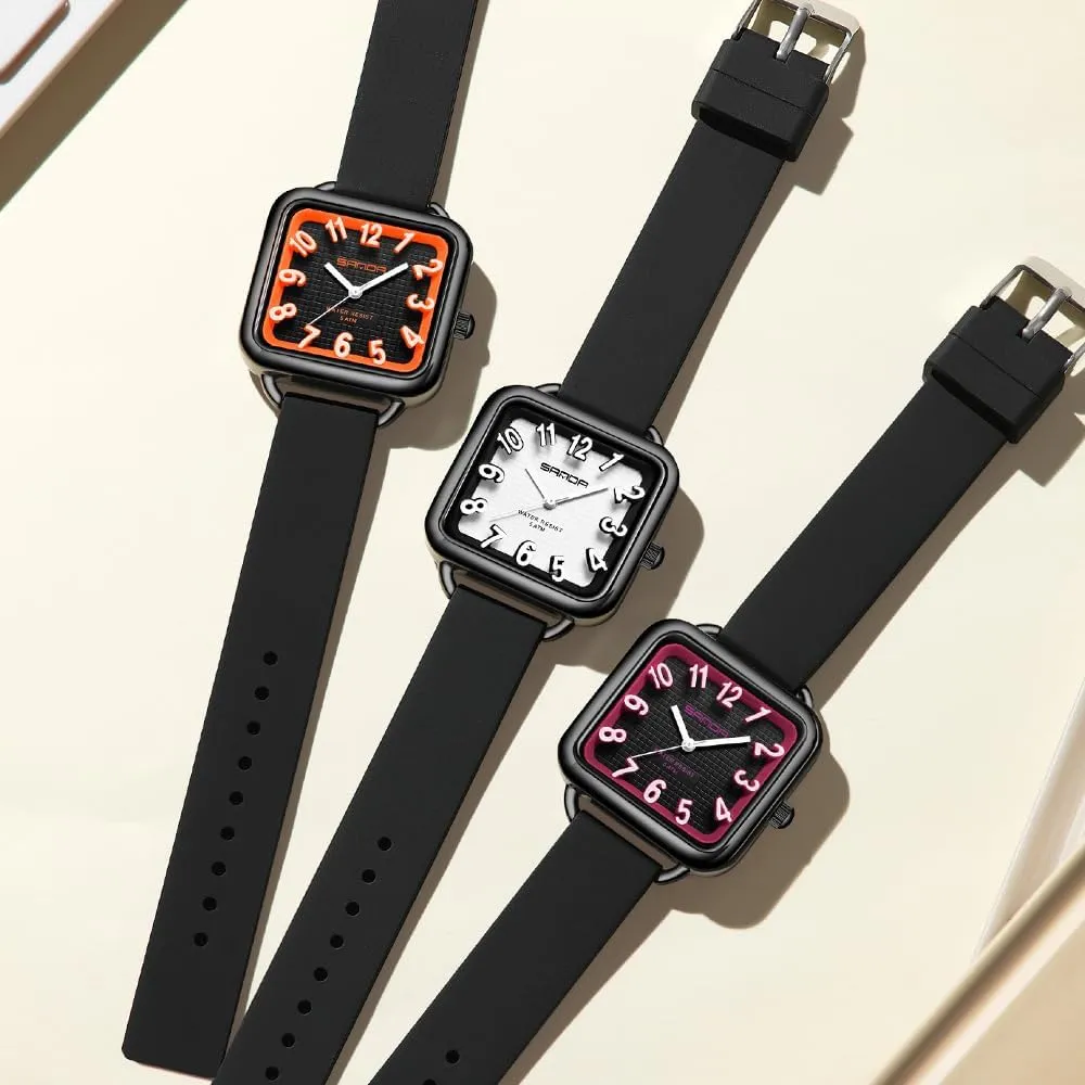 Gosasa Fashion Womens Watch Big Arabic Numbers Square Dial Easy to Read Waterproof Casual Ladies Analog Quartz Watch with Colorful Silicone Strap