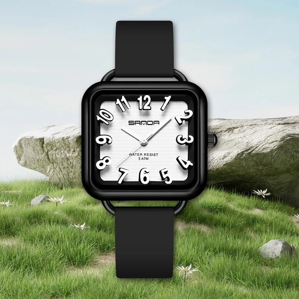 Gosasa Fashion Womens Watch Big Arabic Numbers Square Dial Easy to Read Waterproof Casual Ladies Analog Quartz Watch with Colorful Silicone Strap
