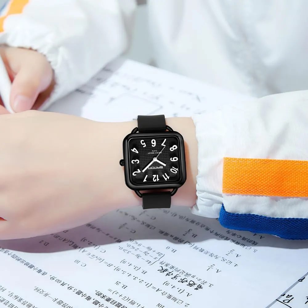 Gosasa Fashion Womens Watch Big Arabic Numbers Square Dial Easy to Read Waterproof Casual Ladies Analog Quartz Watch with Colorful Silicone Strap