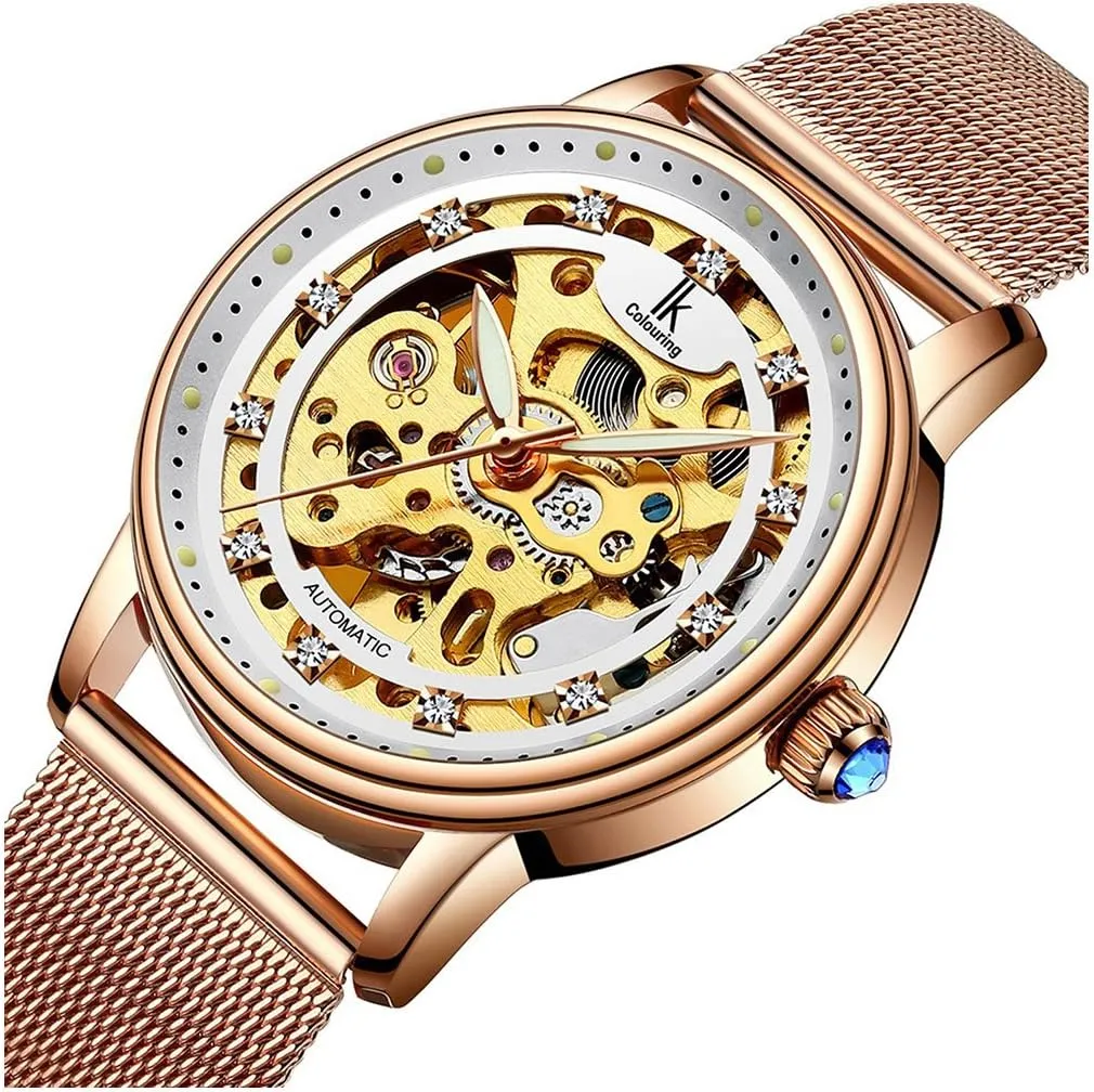 Gosasa Luxury Women Automatic Mechanical Watch Gold Stainless Steel Mesh Watch Band Dress Wrist Watch