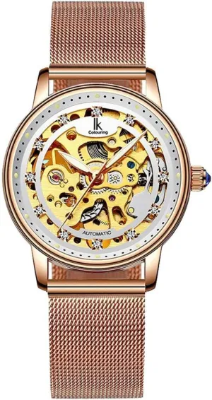 Gosasa Luxury Women Automatic Mechanical Watch Gold Stainless Steel Mesh Watch Band Dress Wrist Watch