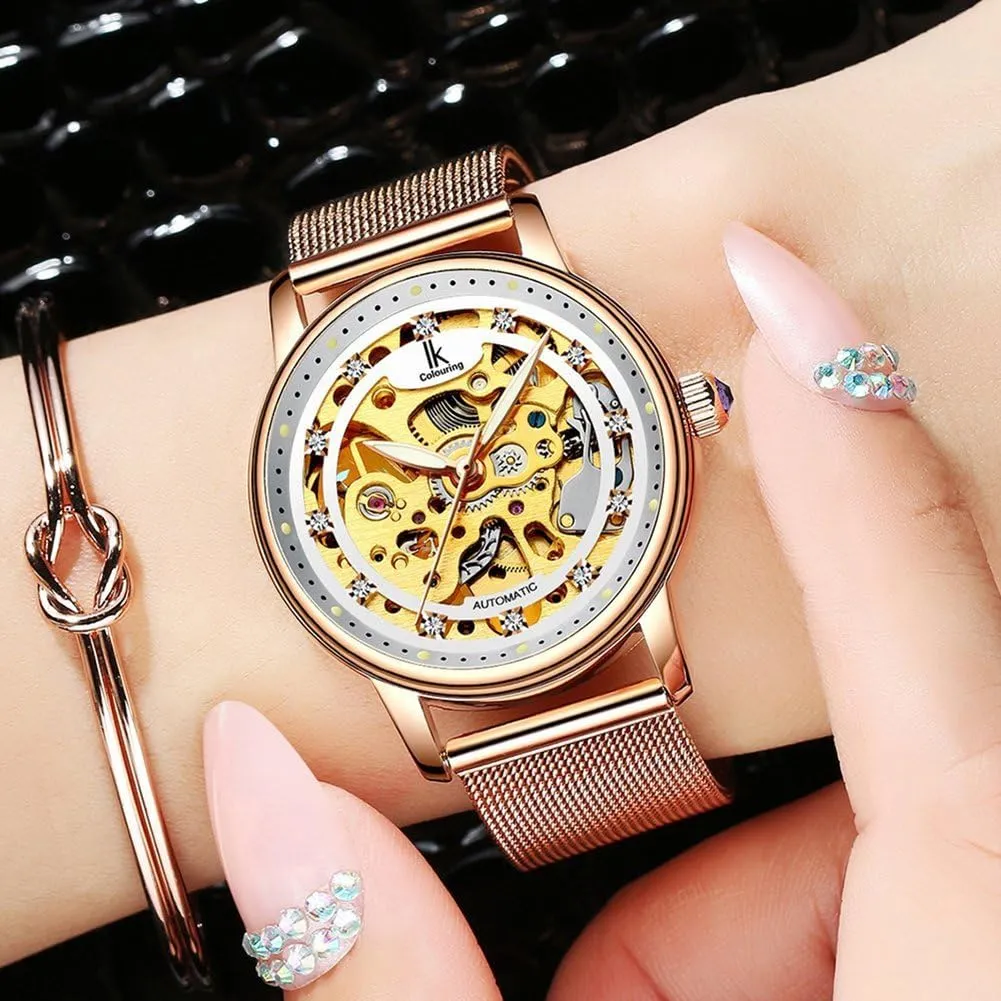 Gosasa Luxury Women Automatic Mechanical Watch Gold Stainless Steel Mesh Watch Band Dress Wrist Watch