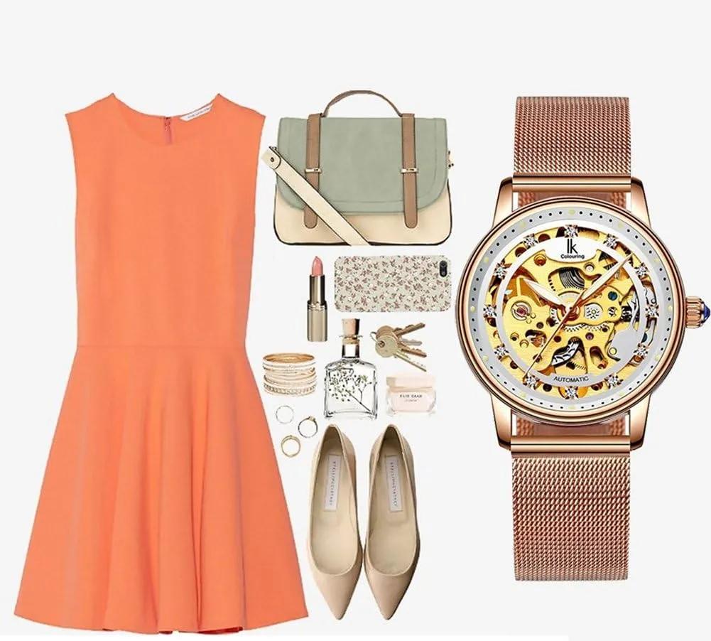 Gosasa Luxury Women Automatic Mechanical Watch Gold Stainless Steel Mesh Watch Band Dress Wrist Watch